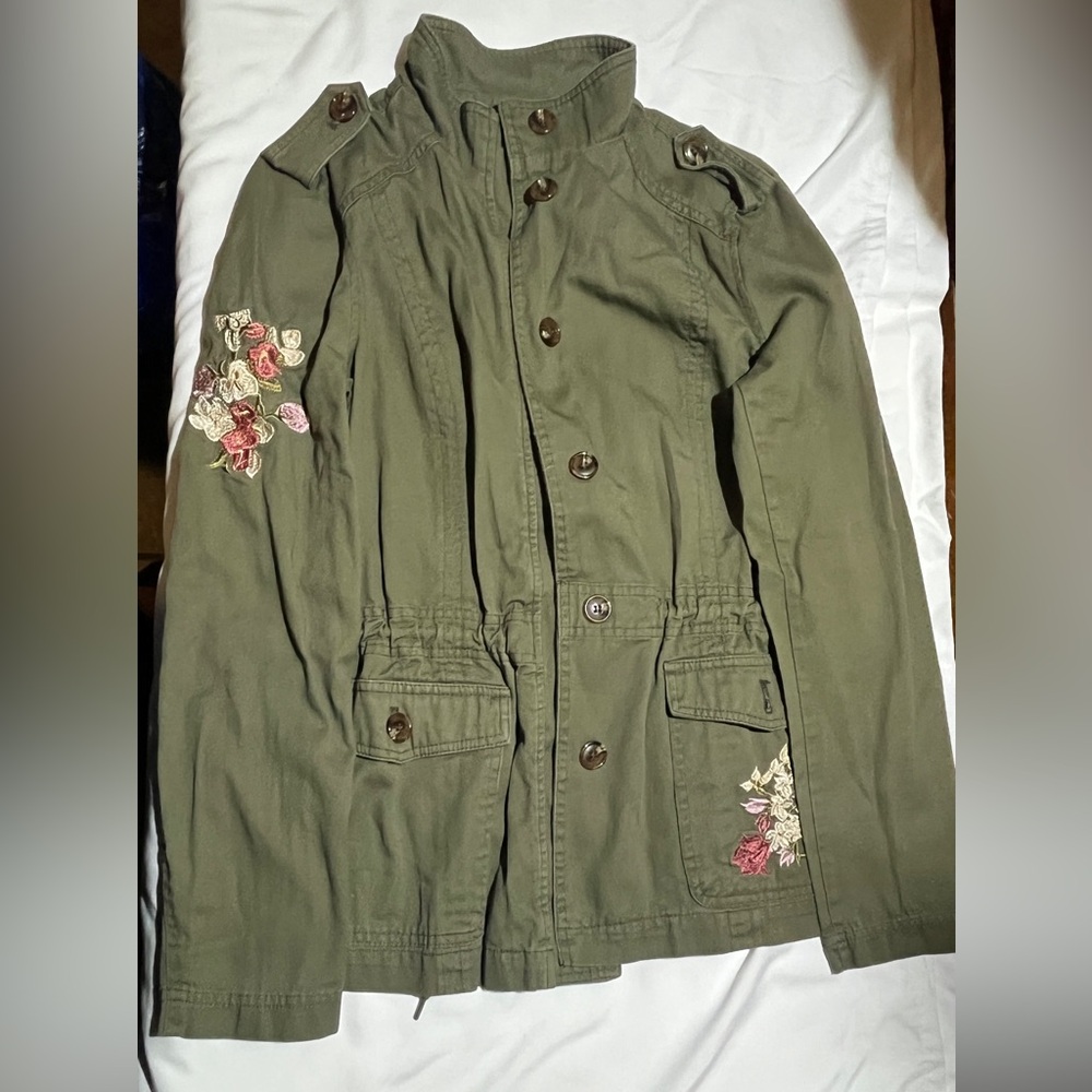 Westport Olive Utility Jacket with Floral Embroidery